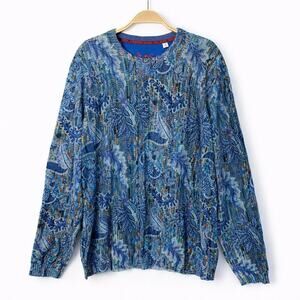 Robert Graham Mens Paisley Linen Blend Knit Sweater XL Blue Crewneck Boho Artsy